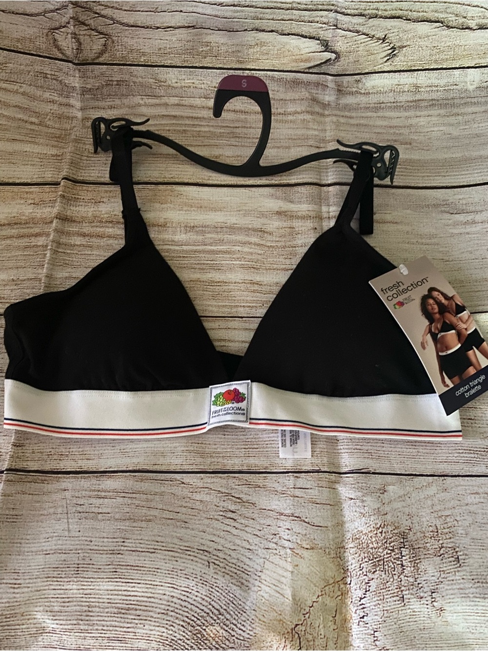 Fruit of the Loom Black Triangle Bralette with White Elastic Band and Red Accent